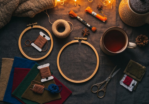 Workspace with embroidery materials